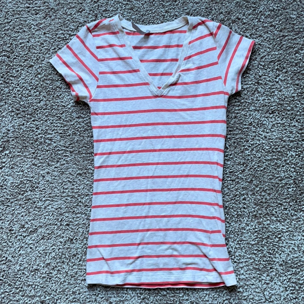 Small form fitting T-shirt with cream/pink stripes